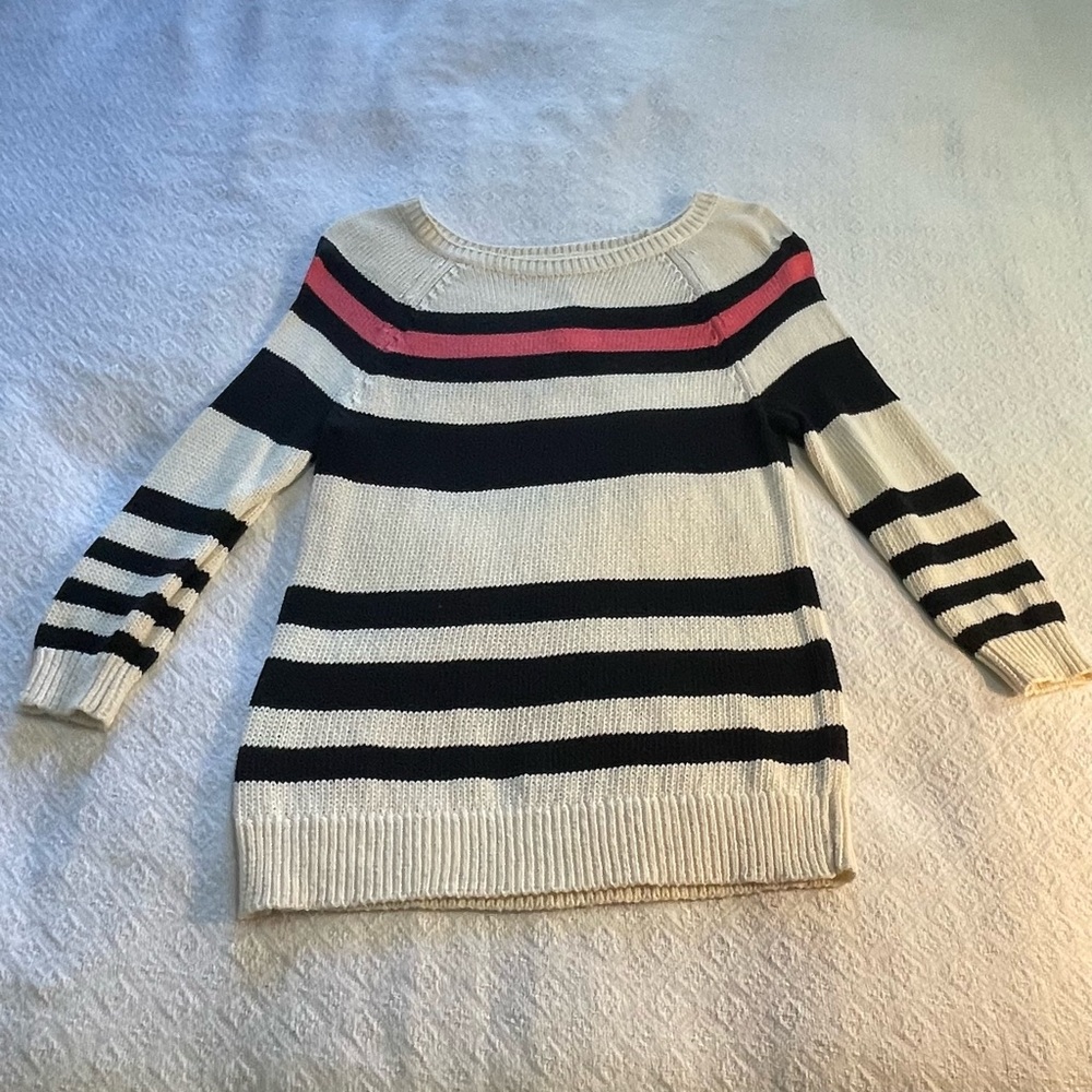 LOFT Cream and Black Striped Sweater with Pink Accent Size Medium~ casual
